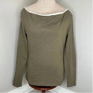 Billy Reid Boatneck Olive with White Piping Long Sleeve Shirt Size Medium